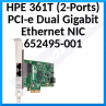 HPE 361T (NIC 652495-001) Dual-Ports PCI-e Gigabit Ethernet Card (2 X Gigabit NIC) - Network Full Profile - Half Height Adapter - Refurbished