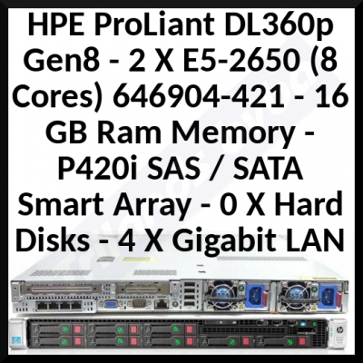 HPE ProLiant DL360p Gen8 - 2 X E5-2650 (8 Cores) 646904-421 - 16 GB Ram Memory Installed - P420i SAS / SATA Smart Array - Hard Disks installed: NONE - 4 X Gigabit LAN - (Performance Server) - Refurbished - Tested