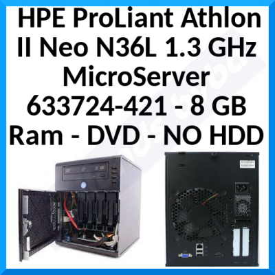 HPE ProLiant Athlon II Neo N36L 1.3 GHz MicroServer (633724-421) - 8 GB Ram - DVD - NO HDD - Refurbished