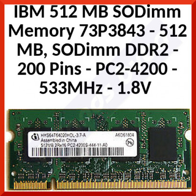 IBM 512 MB SODimm Memory 73P3843 - 512 MB, SODimm DDR2 - 200 Pins - PC2-4200 - 533MHz - 1.8V - for Thinkpad T43, T43p, R52, Z60 - Refurbished