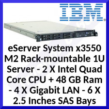 IBM eServer System x3550 M2 Rack-mountable 1U Server (PN:7946K4G) - 2 X Intel Quad Core CPU + 48 GB Ram - 4 X Gigabit LAN - 2 X 2.5 Inches 146 GB SAS HDD - in Perfect Working condition - Refurbished