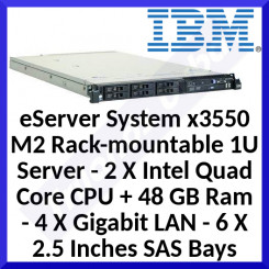 IBM eServer System x3550 M2 Rack-mountable 1U Server - 2 X Intel Quad Core CPU + 48 GB Ram - 4 X Gigabit LAN - 2 X 2.5 Inches 146GB SAS HDD - (PN:7946K4G) - in Perfect Working condition - Refurbished