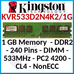 Kingston 1 GB Memory KVR533D2N4K2/1GB - DDR2 - 240 Pins - DIMM - 533MHz - PC2 4200 - CL4 - NonECC - Refurbished