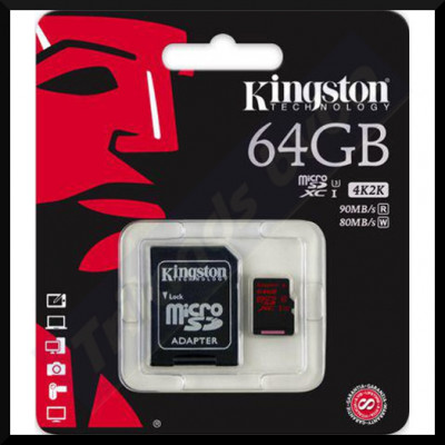 Kingston 64 GB Flash Memory Card SDCA3/64GB - (microSDXC to SD adapter included) - 64 GB - UHS Class 3 - microSDXC UHS-I