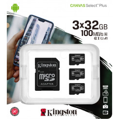 Kingston Canvas Select Plus - Flash memory card (microSDHC to SD adapter included) - 32 GB - A1 / Video Class V10 / UHS Class 1 / Class10 - microSDHC UHS-I (pack of 3)