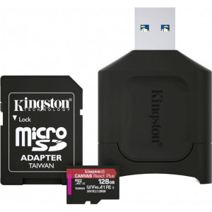 Kingston Canvas React Plus - Flash memory card (microSDXC to SD adapter included) - 128 GB - A1 / Video Class V90 / UHS-II U3 / Class10 - microSDXC UHS-II