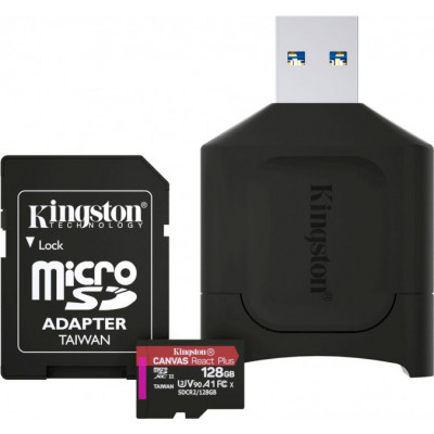 Kingston Canvas React Plus - Flash memory card (microSDXC to SD adapter included) - 128 GB - A1 / Video Class V90 / UHS-II U3 / Class10 - microSDXC UHS-II