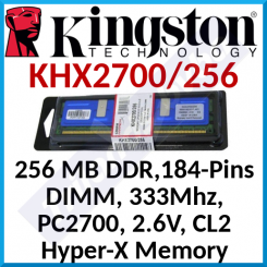Kingston 256 MB DDR Hyper-X Memory KHX2700/256 - 184-Pins DIMM, 333Mhz, PC2700, 2.6V, CL2, Gold Plated, Unbuffered - Box packed