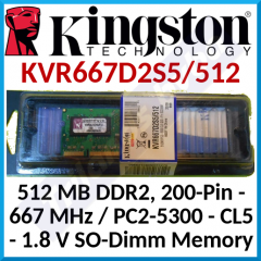Kingston 512 MB DDR2 SO-Dimm Memory KVR667D2S5/512 - DDR2 - SODimm - 200-Pin - 667 MHz / PC2-5300 - CL5 - 1.8 V, unbuffered, NONECC - Box packed