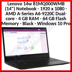 Lenovo 14w 81MQ000WMB 35.6 cm (14") Notebook - 1920 x 1080 - AMD A6-9220C (1MB Cache, 1.8GHz) 7th Generation - 4GB DDR4 SDRAM - 64 GB eMMC - Black - Windows 10 Pro in S mode - AMD Radeon R5 Graphics - Belgian Keyboard - Original Sealed Package