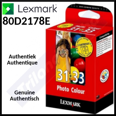 Lexmark 33 Color + 31 Photo Color (2-Ink Pack) ORIGINAL Ink Cartridges Photo Pack 80D2178E (2 Ink + 20 Sheets PerfectPrint Photo Paper 10cm X 15cm)