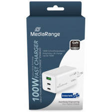 MediaRange 100W GaN Fast Charging Adapter (EU-Plug), 2x USB-C and 1x USB-A, USB-C® Power Delivery and Quick Charge™ enabled, White