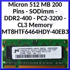 Micron 512 MB 200 Pins - SODimm - DDR2-400 - PC2-3200 - CL3 Memory MT8HTF6464HDY-40EB3 - in Perfect Working condition - Refurbished