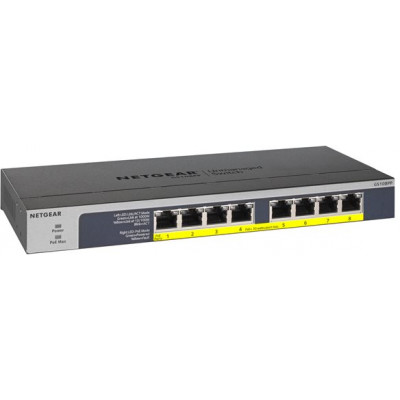 NETGEAR GS108LP - Switch - 8 x 10/100/1000 (PoE+) - desktop, rack-mountable, wall-mountable - PoE+ (60 W) - DC power