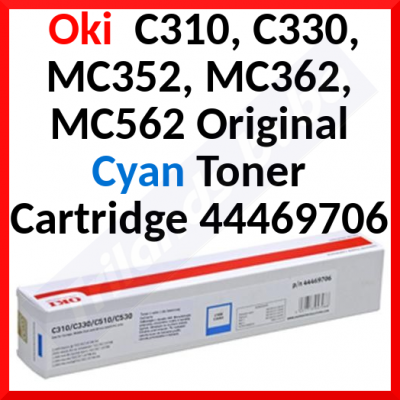 Oki 44469706 Cyan Original Toner Cartridge (2000 Pages) for Oki C310dn, C330dn, C331dn, C510dn, C511dn, C530dn, C531dn, MC351dn, MC352dn, MC361dn, MC362dn, MC561dn, MC562dnw