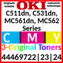 Oki 44469722 Yellow / 44469723 Magenta / 44469724 Cyan (3-Toner CMY Bundle) High Capacity Original Toner Cartridges (3 X 5000 Pages) for Oki C510dn, C511dn, C530dn, C531dn, MC561dn, MC561dw, MC562dn, MC562dnw