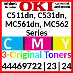 Oki 44469722 Yellow / 44469723 Magenta / 44469724 Cyan (3-Toner CMY Bundle) High Capacity Original Toner Cartridges (3 X 5000 Pages)