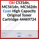 Oki 44469724 Cyan High Capacity Original Toner Cartridge (5000 Pages) for Oki C510dn, C511dn, C530dn, C531dn, MC561dn, MC561dw, MC562dn, MC562dnw