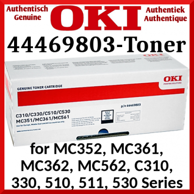 Oki 44469803 Black Original Toner Cartridge (3500 Pages) for Oki C310dn, C330dn, C331dn, C510dn, C511dn, C530dn, C531dn, MC351dn, MC352dn, MC361dn, MC362dn, MC561dn, MC562dnw