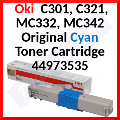 Oki 44973535 Original Cyan Toner Cartridge (1500 Pages) for Oki C301dn, C321dn, MC332dn, MC332dn-L, MC342dn, MC342dn-L, MC342dnw, MC342dnw-L