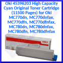 Oki 45396203 High Capacity Cyan Original Toner Cartridge (11500 Pages) for Oki MC770dn, MC770dnfax, MC770dfn, MC770dfnfax, MC780dn, MC780dnfax, MC780dfn, MC780dfnfax
