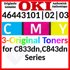 OKI 46443101 YELLOW / 46443102 MAGENTA / 46443103 CYAN  - Original (3-Toner CMY Bundle) Toner Cartridges (3 X 10000 Pages) for Oki C833dn, C833n, C843dn