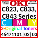 OKI 46471101 Yellow / 46471102 Magenta / 46471103 Cyan Original Toner Cartridges (3-Toner Kit) - (3 X 7000 Pages) for Oki C823dn, C823n