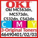 OKI 46490401 Yellow / 46490402 Magenta / 46490403 Cyan Original Toner Cartridges (3-Toner Kit) (3 X 1500 Pages) 