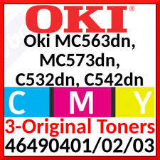 OKI 46490401 Yellow / 46490402 Magenta / 46490403 Cyan Original Toner Cartridges (3-Toner Kit) (3 X 1500 Pages) for Oki MC563dn, MC573dn, C532dn, C542dn