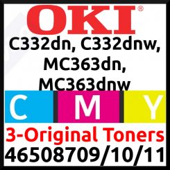 OKI 46508709 Yellow / 46508710 Magenta / 46508711 Cyan (3-Toner CMY Kit) High Capacity Original Toner Cartridges (3 X 3000 Pages) for Oki C332dn, MC363dn