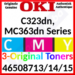 OKI 46508713 Yellow / 46508714 Magenta / 46508715 Cyan (3-Toner CMY Kit) Original Toner Cartridges (3 X 1500 Pages) for Oki C332dn, MC363dn