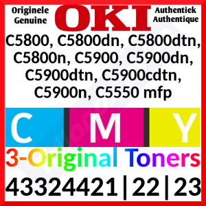 Oki 43324421 Yellow / 43324422 Magenta / 43324423 Cyan Original Toner Cartridges (3 X 5000 Pages) for Oki C5800, C5800dn, C5800dtn, C5800n, C5900, C5900dn, C5900dtn, C5900cdtn, C5900n, C5550 mfp