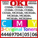 Oki 44469704 Yellow / 44469705 Magenta / 44469706 Cyan Original Toner Cartridges for Oki C530dn, MC362dn (3 X 2000 Pages)