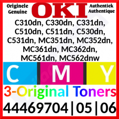 Oki YELLOW 44469704 / MAGENTA 44469705 / CYAN 44469706 Original (3-Toner CMY Bundle) Toner Cartridges for Oki C530dn, MC362dn (3 X 2000 Pages)