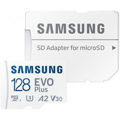 Samsung EVO Plus MB-MC128KA - Flash memory card (microSDXC to SD adapter included) - 128 GB - A2 / Video Class V30 / UHS-I U3 / Class10 - microSDXC UHS-I - white