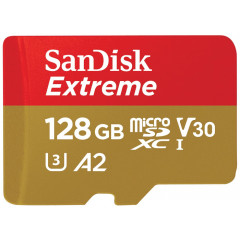 SanDisk Extreme - Flash memory card (microSDXC to SD adapter included) - 128 GB - A2 / Video Class V30 / UHS-I U3 / Class10 - microSDXC UHS-I
