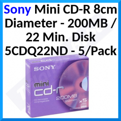 Sony Mini CD-R 8cm Diameter - 200MB / 22 Min. Disk 5CDQ22ND - 5/Pack
