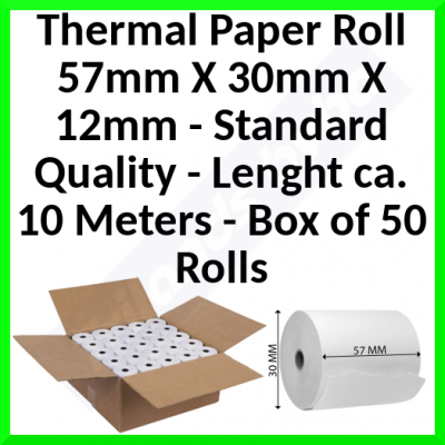 Thermal Paper Roll 57mm X 30mm X 12mm - Standard Quality - Lenght ca. 10 Meters - Box of 50 Rolls