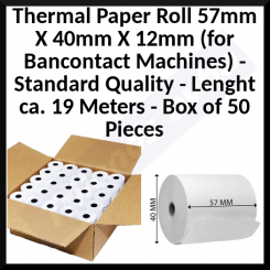Thermal Paper Roll 57mm X 40mm X 12mm (for Bancontact Machines) - Standard Quality - Lenght ca. 19 Meters - Box of 50 Pieces