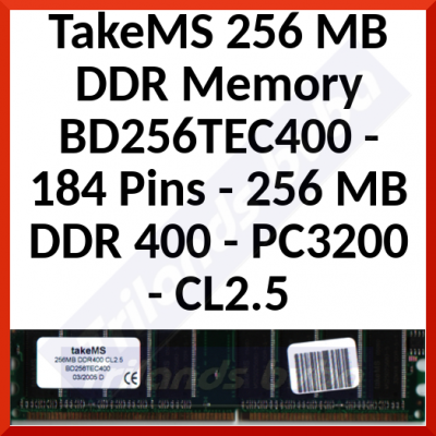 TakeMS 256 MB DDR Memory BD256TEC400 - 184 Pins - 256 MB DDR 400 - PC3200 - CL2.5 - Desktop Memory - in Perfect Working condition - Refurbished