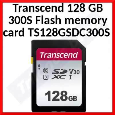 Transcend 128 GB 300S Flash memory card TS128GSDC300S - 128 GB - Video Class V30 / UHS-I U3 / Class10 - SDXC UHS-I