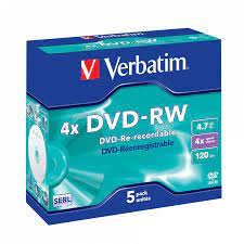 Verbatim DVD-RW Matt Silver 4x (43285) - Capacity: 4.7GB Speed: 4x Pack Style: 5 Pack Jewel Case Disc Surface: Matt Silve