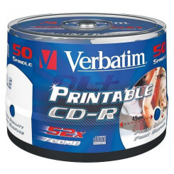 Verbatim CD-R AZO Wide Inkjet Printable (43438) - Capacity: 700MB Speed: 52x Pack Style: 50 Pack Spindle Disc Surface: Wide Inkjet Printable - Non ID Branded Print area: 23 – 118mm