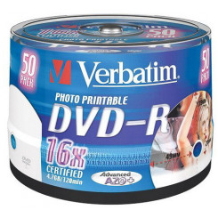 Verbatim DVD-R Wide Inkjet Printable No ID Brand (43533) - Capacity: 4.7GB Speed: 16x Pack Style: 50 Pack Spindle Disc Surface: Wide Inkjet Printable Print area: 21 – 118mm