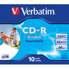 Verbatim CD-R AZO Wide Inkjet Printable (43325) - Capacity: 700MB Speed: 52x Pack Style: 10 Pack Jewel Case Disc Surface: Wide Inkjet Printable Print area: 23 – 118mm
