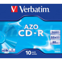 Verbatim CD-R AZO Crystal (43327) - Capacity: 700MB Speed: 52x Pack Style: 10 Pack Jewel Case Disc Surface: Crystal