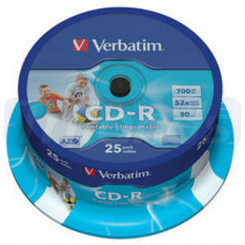 Verbatim CD-R AZO Wide Inkjet Printable (43439) - Capacity: 700MB Speed: 52x Pack Style: 25 Pack Spindle Disc Surface: Wide Inkjet Printable - ID Branded Print area: 23 – 118mm