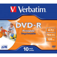 Verbatim DVD-R Wide Inkjet Printable (43521) - Capacity: 4.7GB Speed: 16x Pack Style: 10 Pack Branded Jewel Case Disc Surface: Wide Inkjet Printable Print area: 21 – 118mm