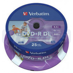 Verbatim DVD+R Double Layer Inkjet Printable 8x (43667) - Capacity: 8.5GB Speed: 8x Pack Style: 25 Pack Spindle Disc Surface: Inkjet Printable-No ID Print area: 21-118mm
