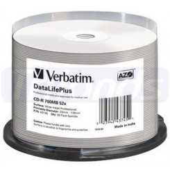 Verbatim CD-R 52x DataLifePlus Wide Inkjet Professional (43745) - Capacity: 700MB Speed: 52x Pack Style: 50 Pack Spindle Disc Surface: Wide Inkjet Printable - Non ID Branded Print area: 23 – 118mm